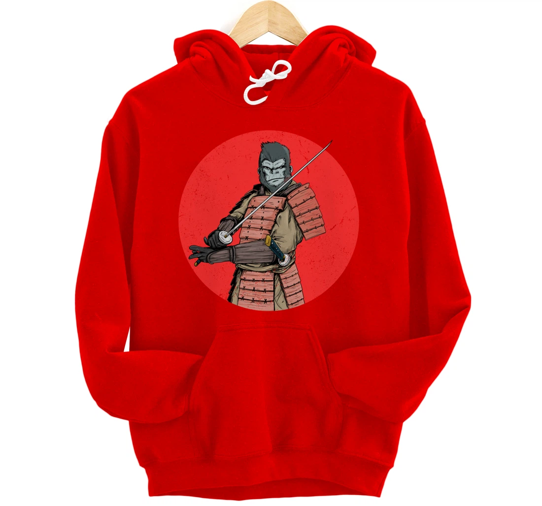 Samurai Gorilla in Front of Japanese Rising Sun Pullover Hoodie