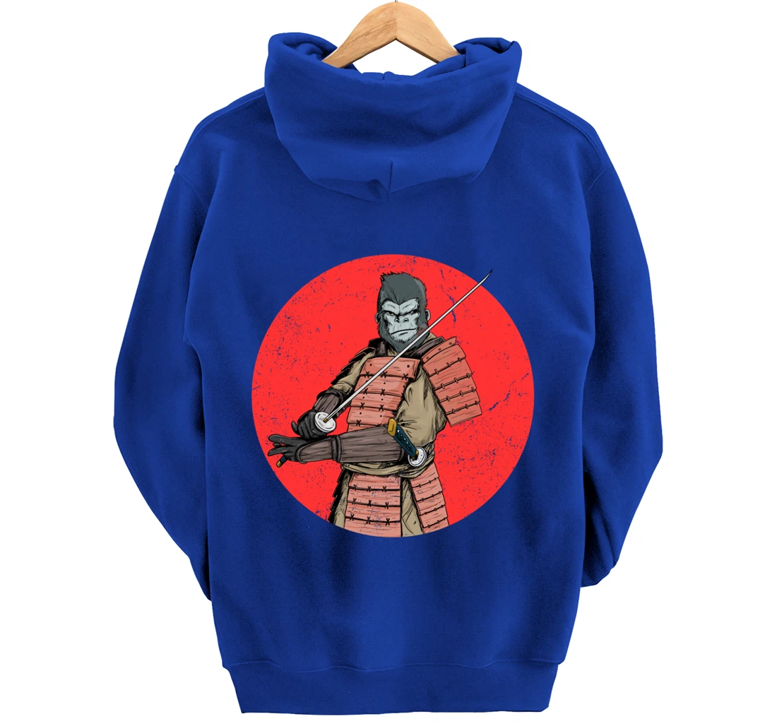 Samurai Gorilla in Front of Japanese Rising Sun Pullover Hoodie