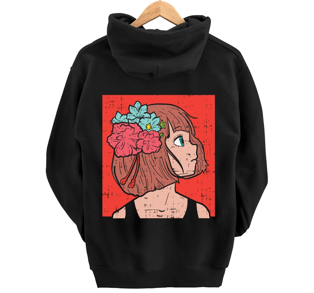 Anime Girl Flower Aesthetic Kawaii Japanese Manga Otaku Gift Pullover Hoodie