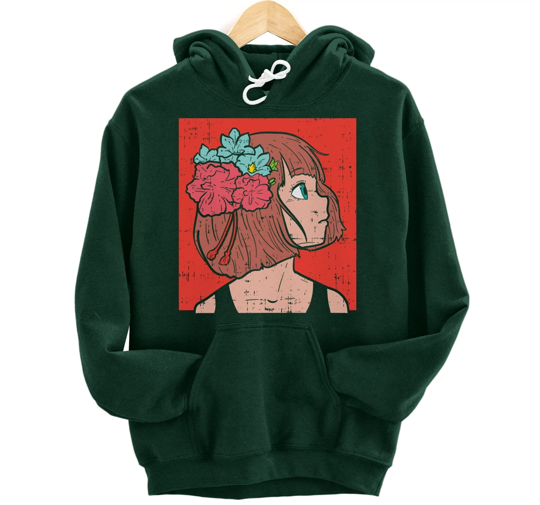 Anime Girl Flower Aesthetic Kawaii Japanese Manga Otaku Gift Pullover Hoodie