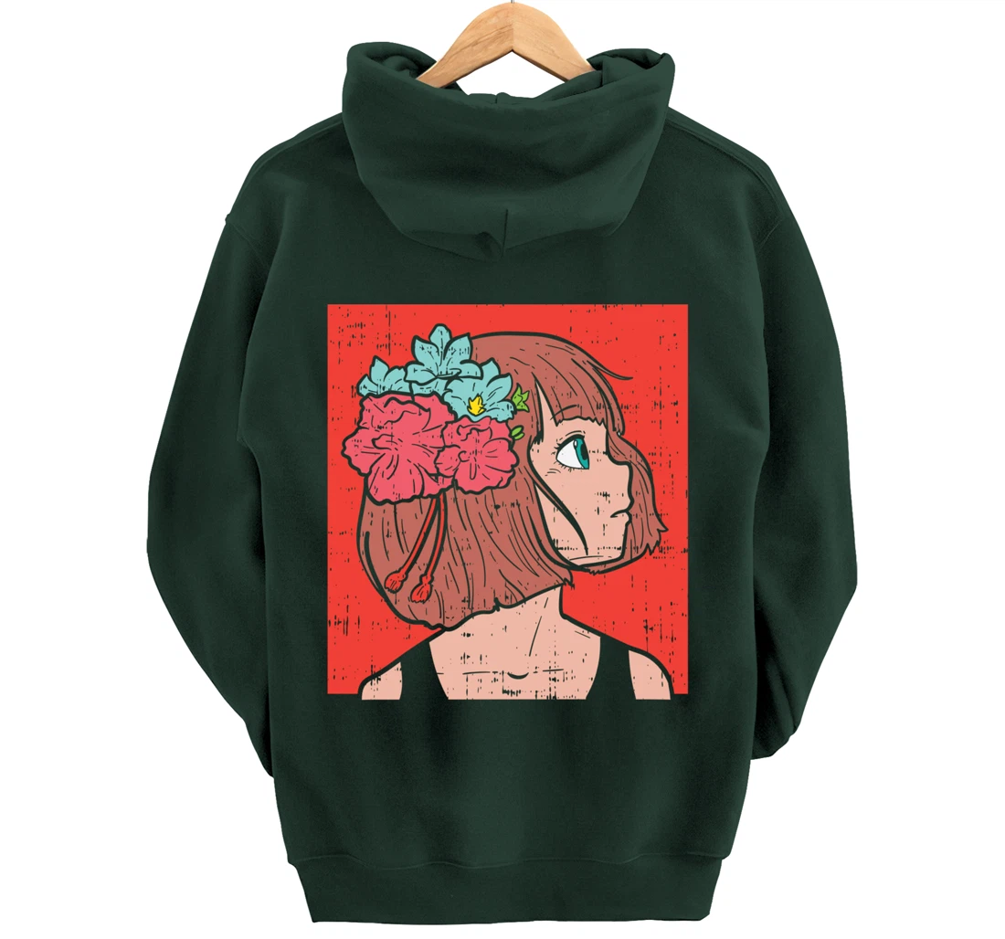 Anime Girl Flower Aesthetic Kawaii Japanese Manga Otaku Gift Pullover Hoodie