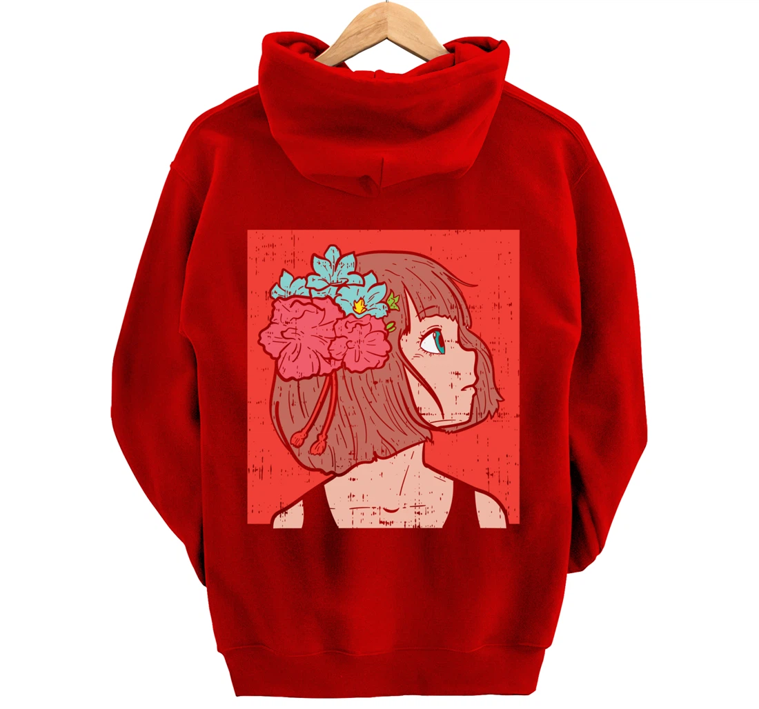 Anime Girl Flower Aesthetic Kawaii Japanese Manga Otaku Gift Pullover Hoodie