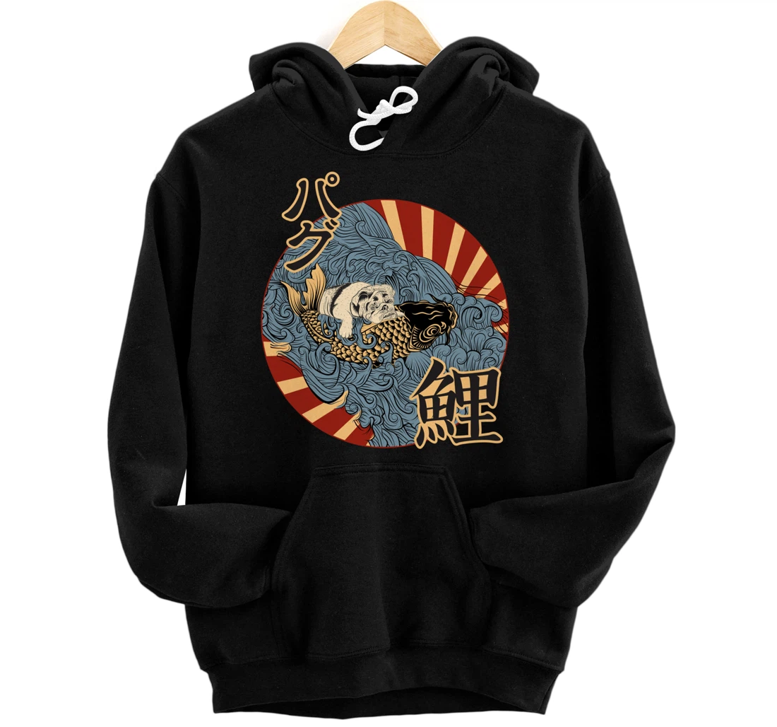 Pug Riding Koi Through The Wave Japanese Vintage Drawing Pullover Hoodie