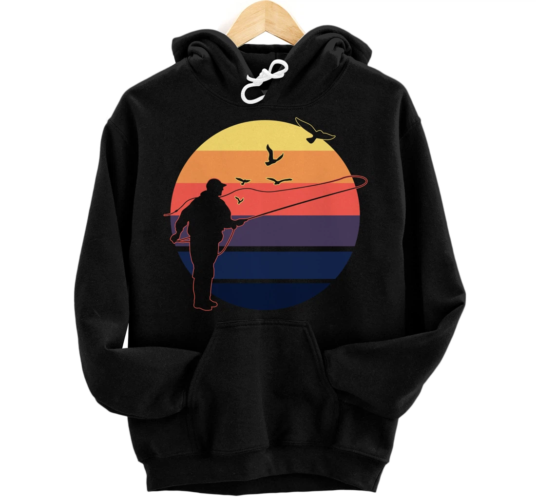 Fly Fishing at Sunset | Cool Vintage Retro Distressed design Pullover Hoodie