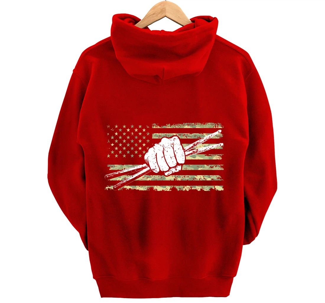 Drumsticks Drummer Drumset Drums Percussionist Drum USA Flag Pullover Hoodie