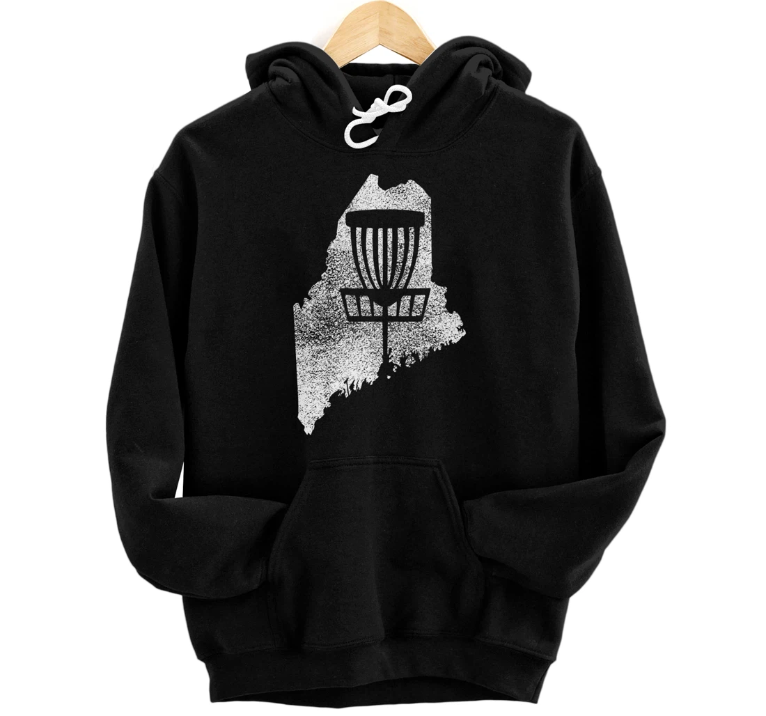 Maine Disc Golf State with Basket Distressed Graphic Pullover Hoodie