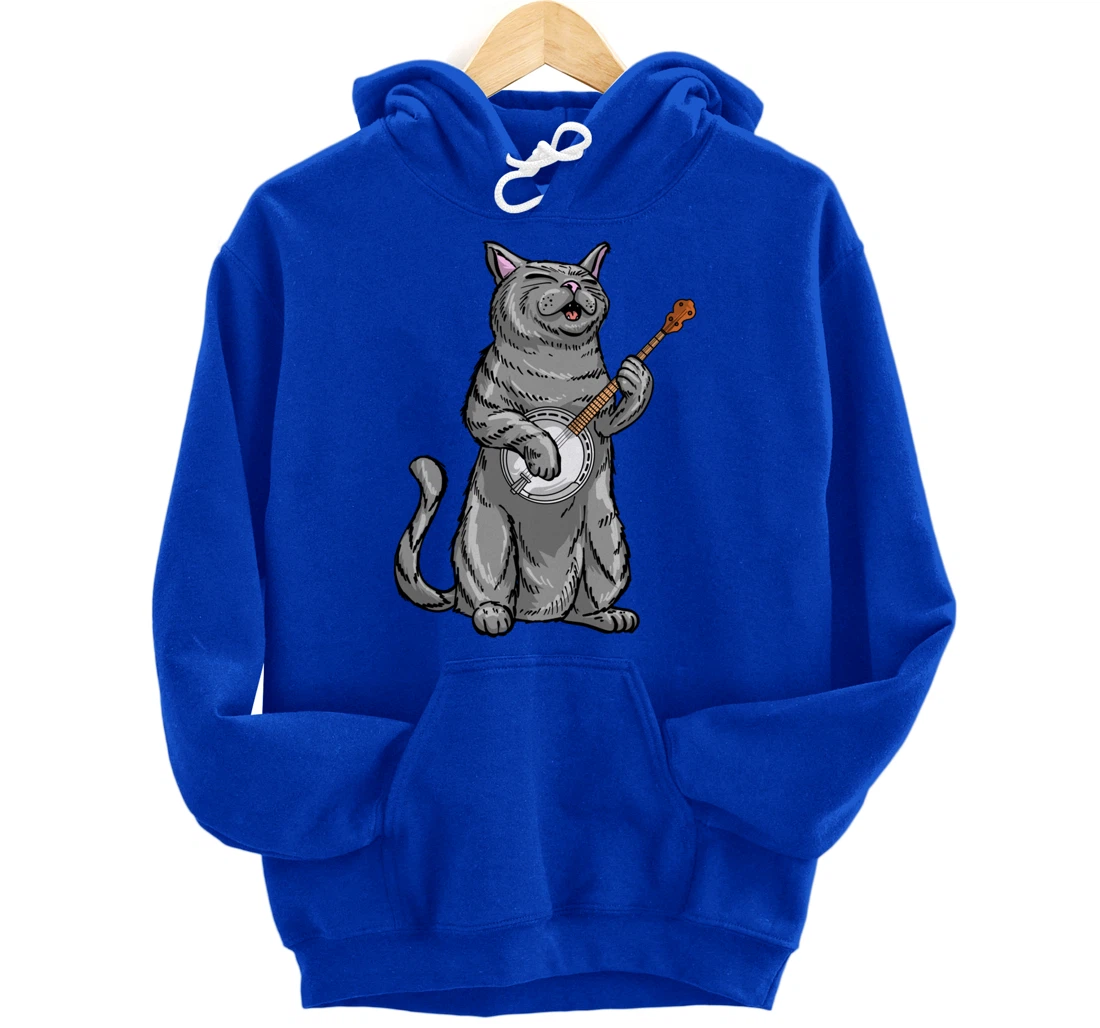 Funny Cat Playing Banjo Bluegrass | Cool Musician Gift Pullover Hoodie
