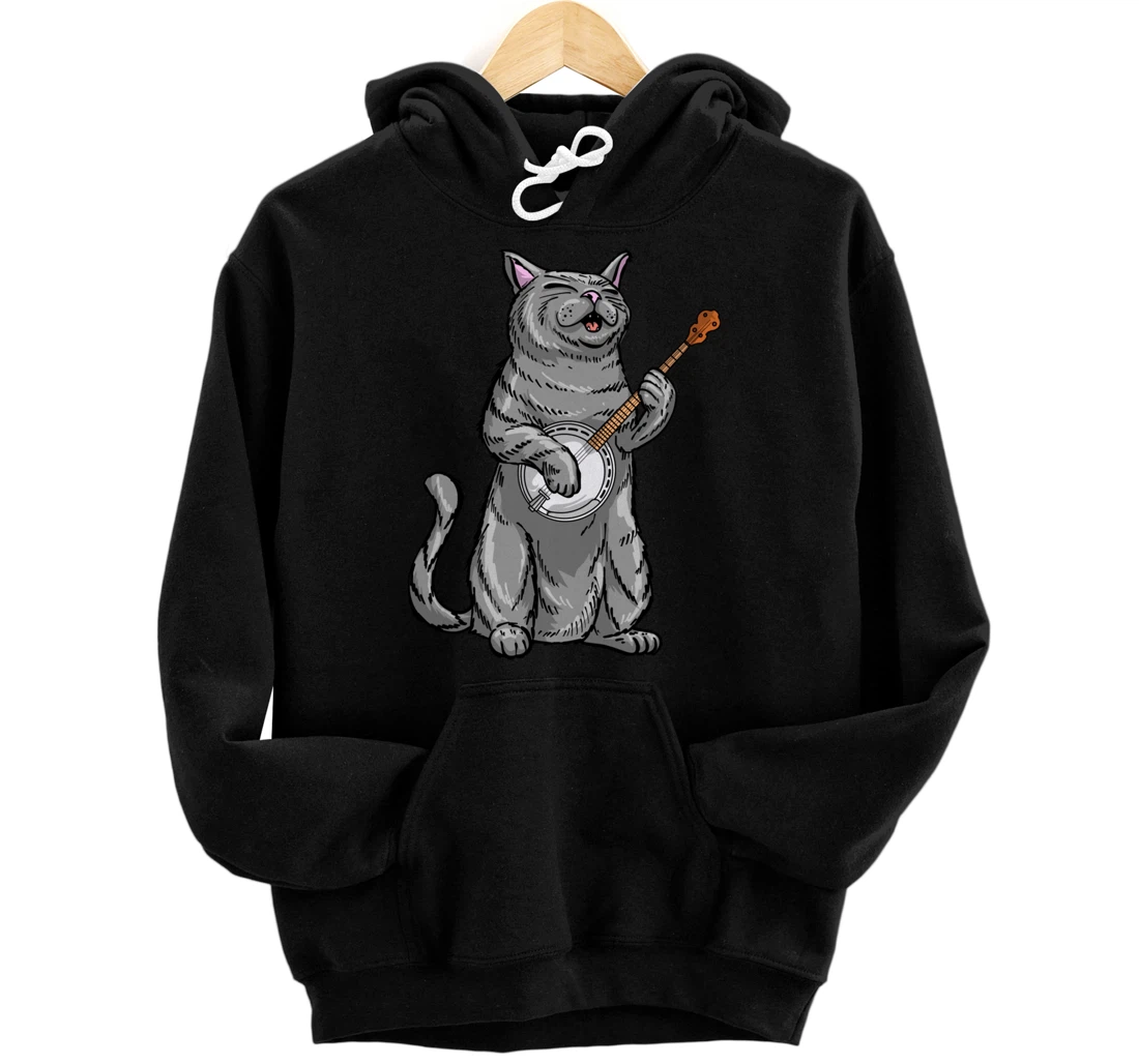 Funny Cat Playing Banjo Bluegrass | Cool Musician Gift Pullover Hoodie
