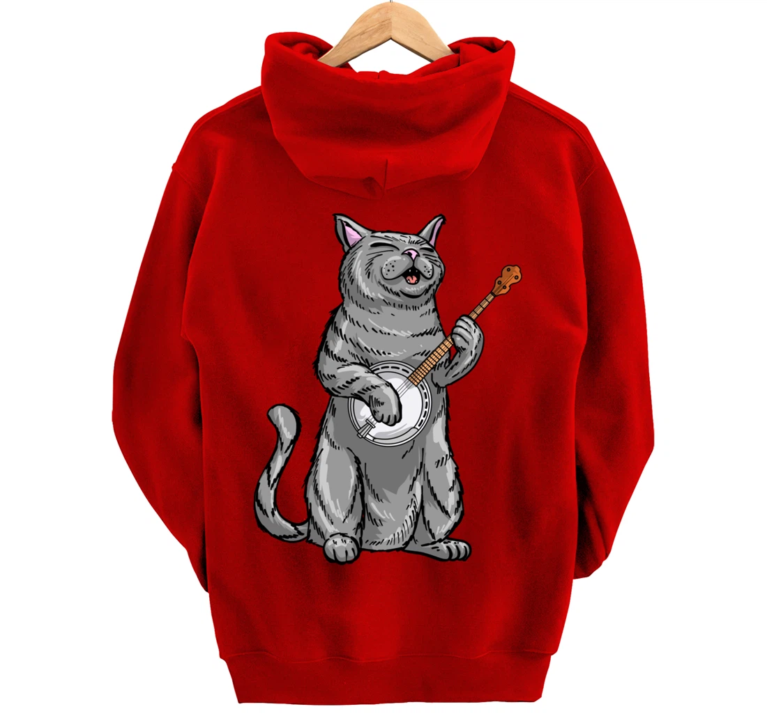 Funny Cat Playing Banjo Bluegrass | Cool Musician Gift Pullover Hoodie