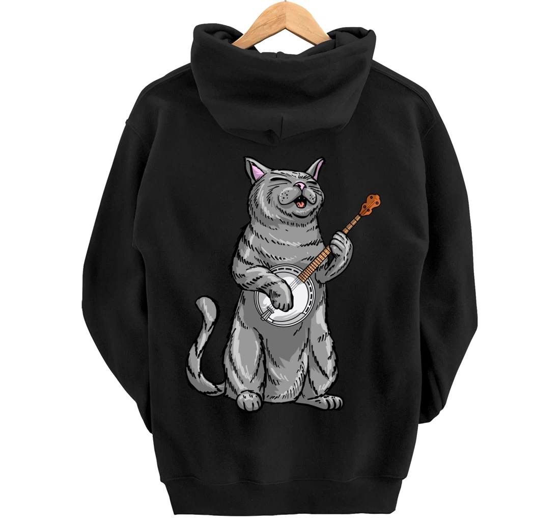 Funny Cat Playing Banjo Bluegrass | Cool Musician Gift Pullover Hoodie