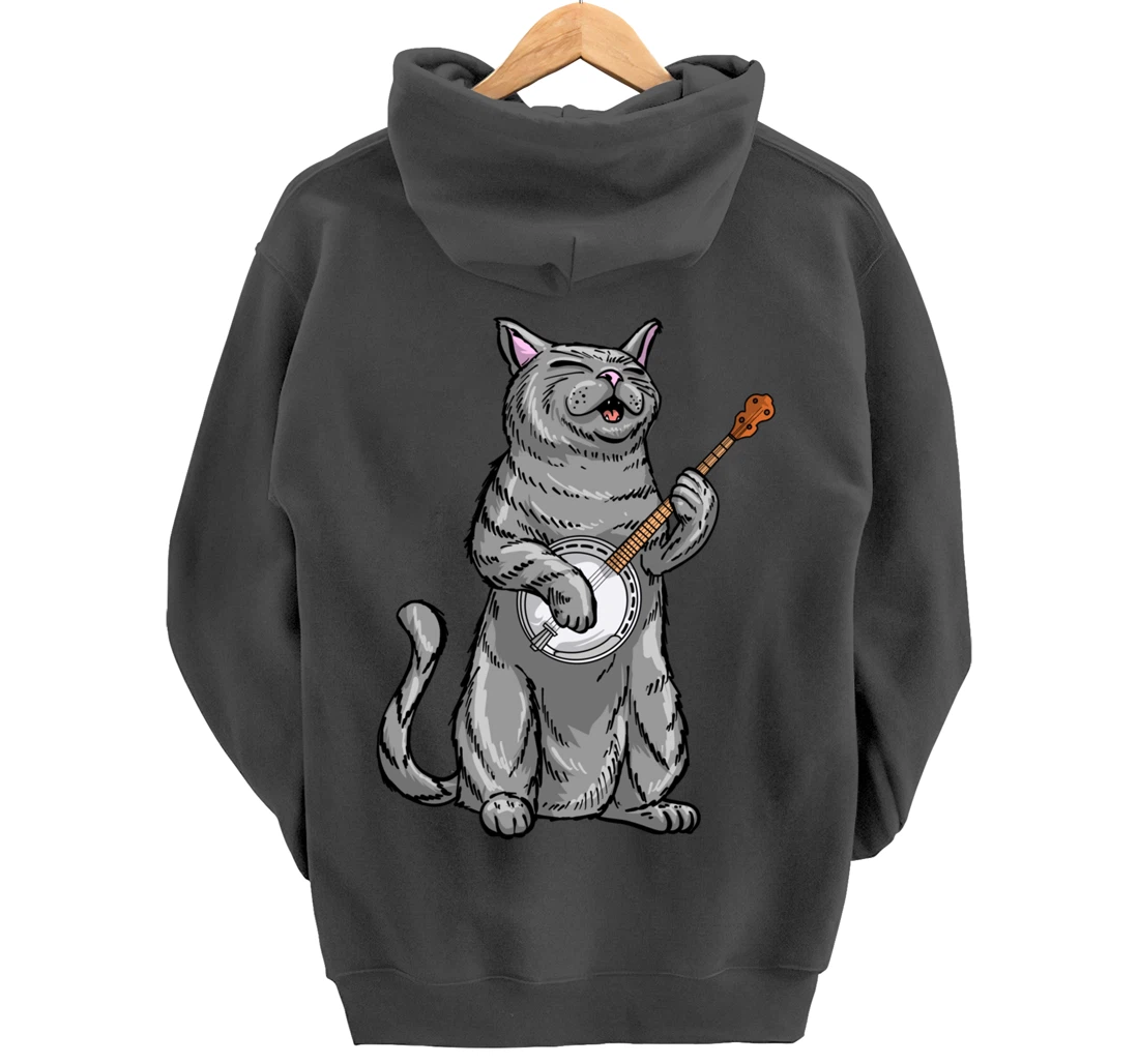 Funny Cat Playing Banjo Bluegrass | Cool Musician Gift Pullover Hoodie