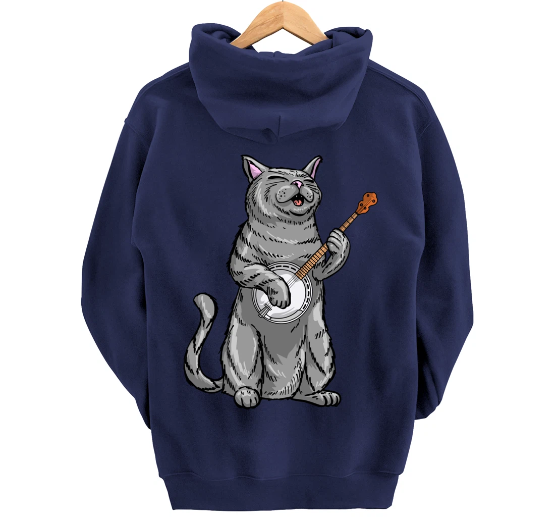 Funny Cat Playing Banjo Bluegrass | Cool Musician Gift Pullover Hoodie