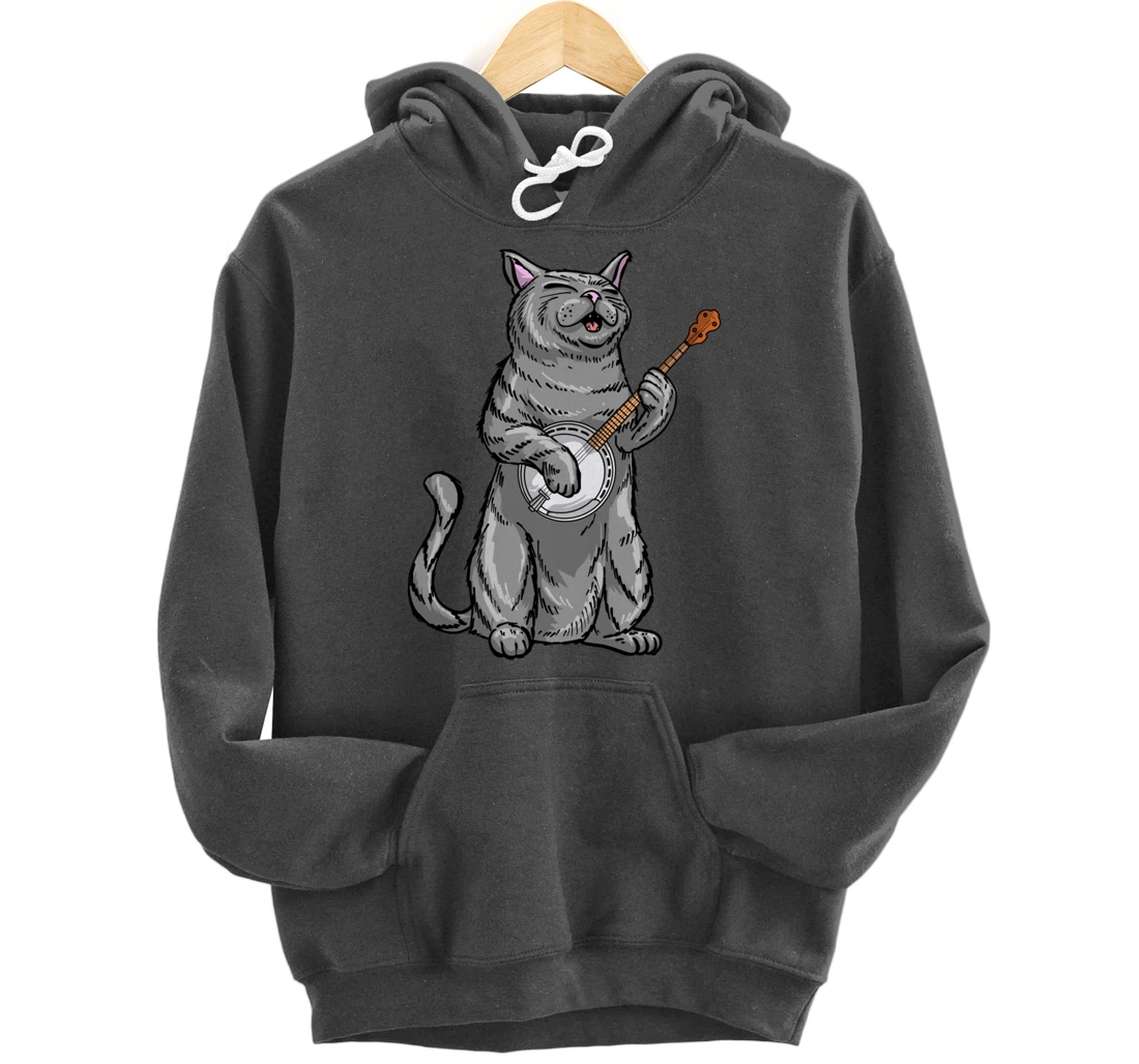 Funny Cat Playing Banjo Bluegrass | Cool Musician Gift Pullover Hoodie