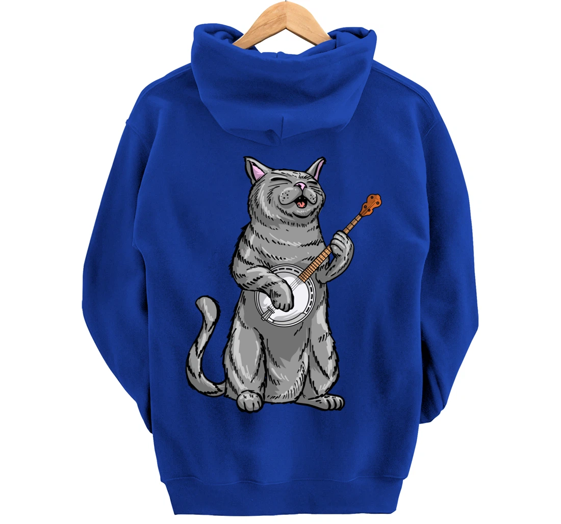 Funny Cat Playing Banjo Bluegrass | Cool Musician Gift Pullover Hoodie