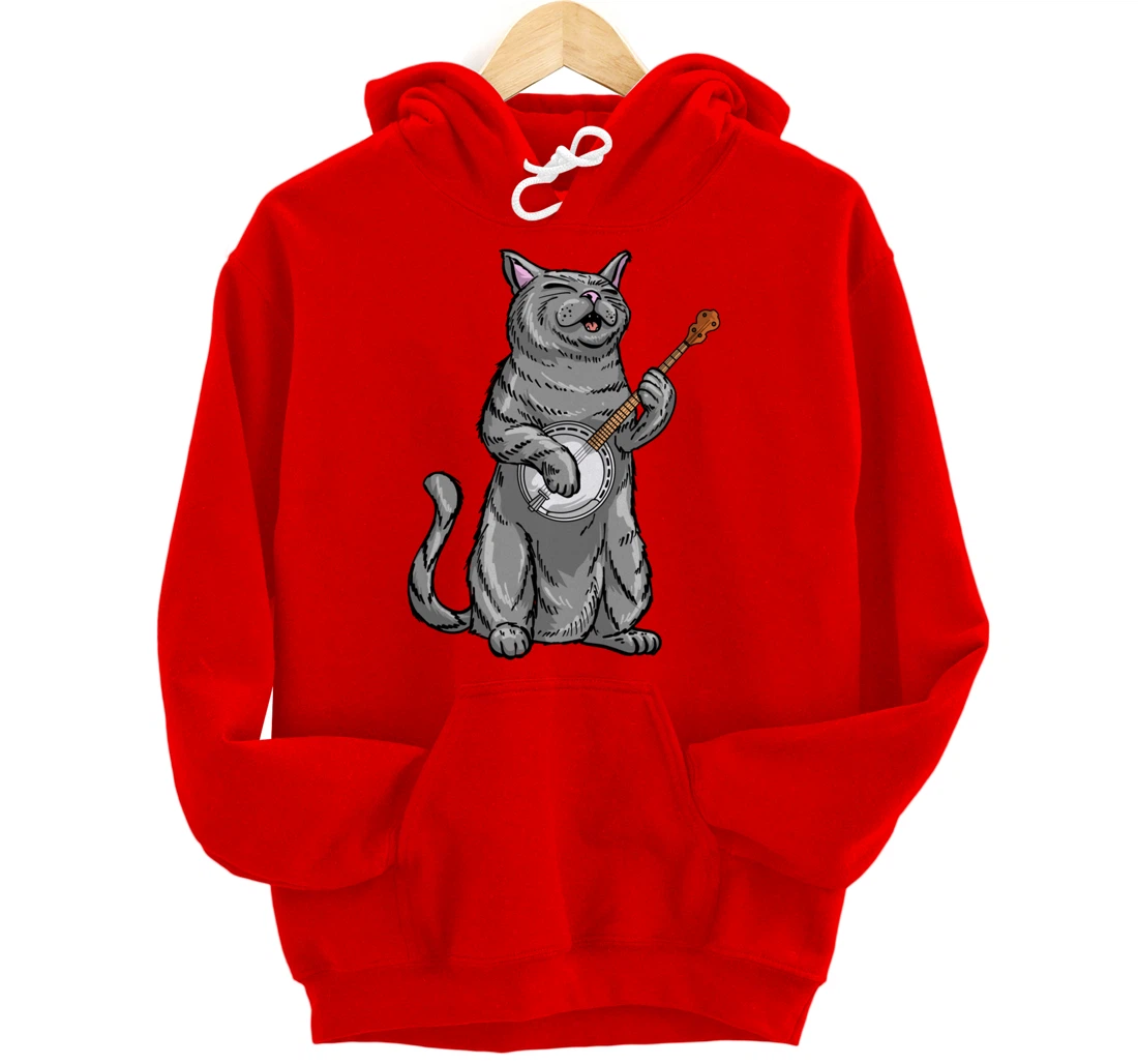 Funny Cat Playing Banjo Bluegrass | Cool Musician Gift Pullover Hoodie