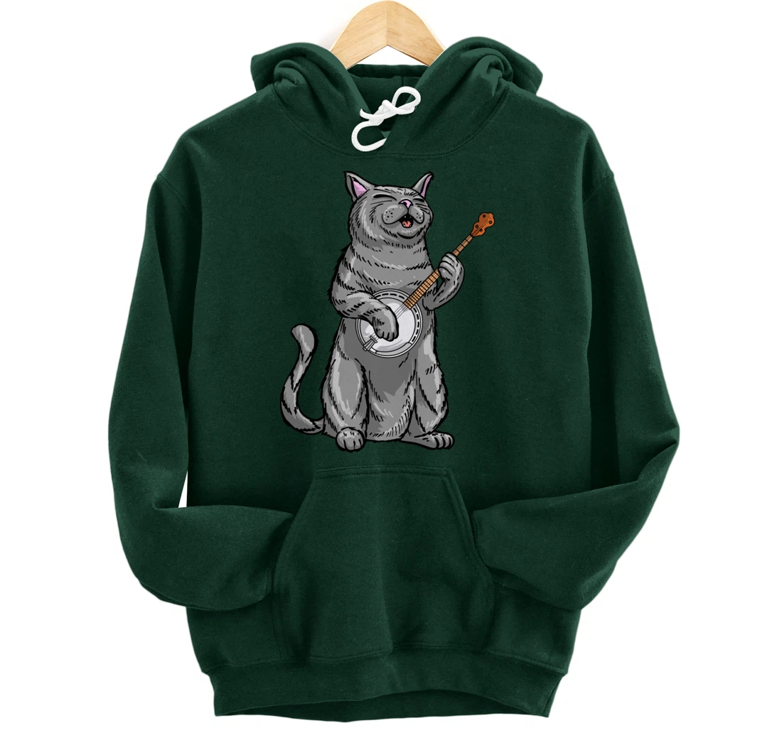 Funny Cat Playing Banjo Bluegrass | Cool Musician Gift Pullover Hoodie