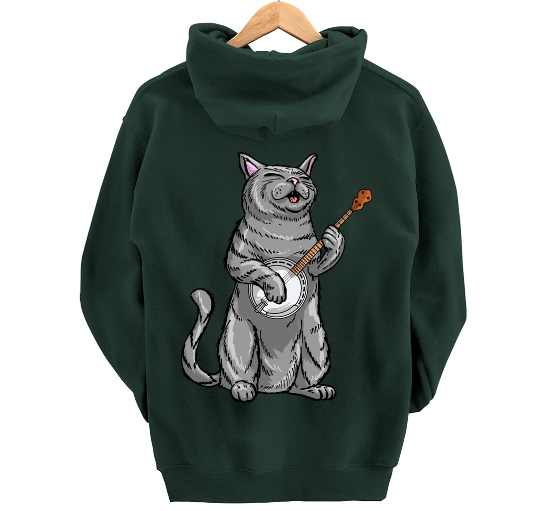 Funny Cat Playing Banjo Bluegrass | Cool Musician Gift Pullover Hoodie
