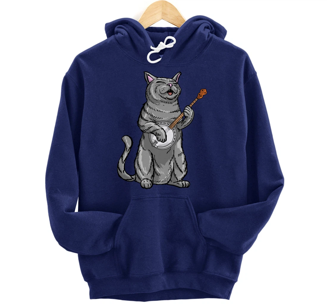 Funny Cat Playing Banjo Bluegrass | Cool Musician Gift Pullover Hoodie