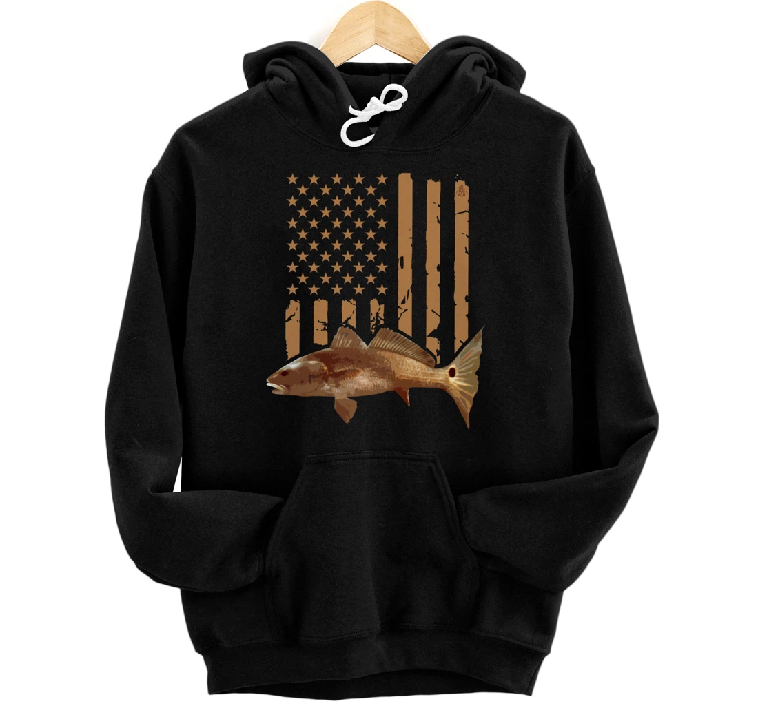 Redfish Fishing Red Drum Tailing Usa American Flag Fisherman Pullover Hoodie