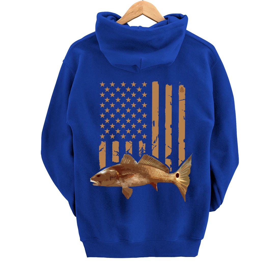 Redfish Fishing Red Drum Tailing Usa American Flag Fisherman Pullover Hoodie
