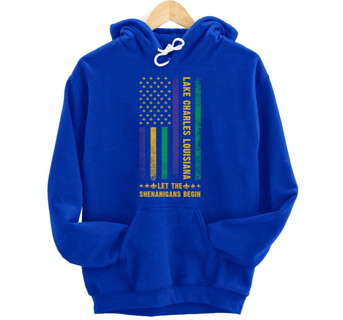 Mardi Gras Lake Charles Louisiana Fleur-De-Lis American Flag Pullover Hoodie