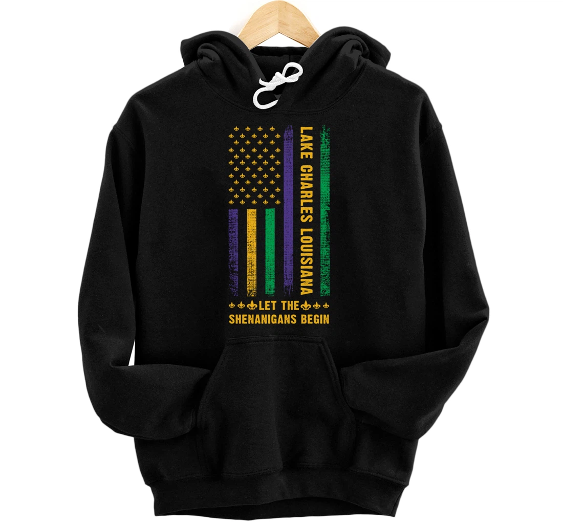 Mardi Gras Lake Charles Louisiana Fleur-De-Lis American Flag Pullover Hoodie