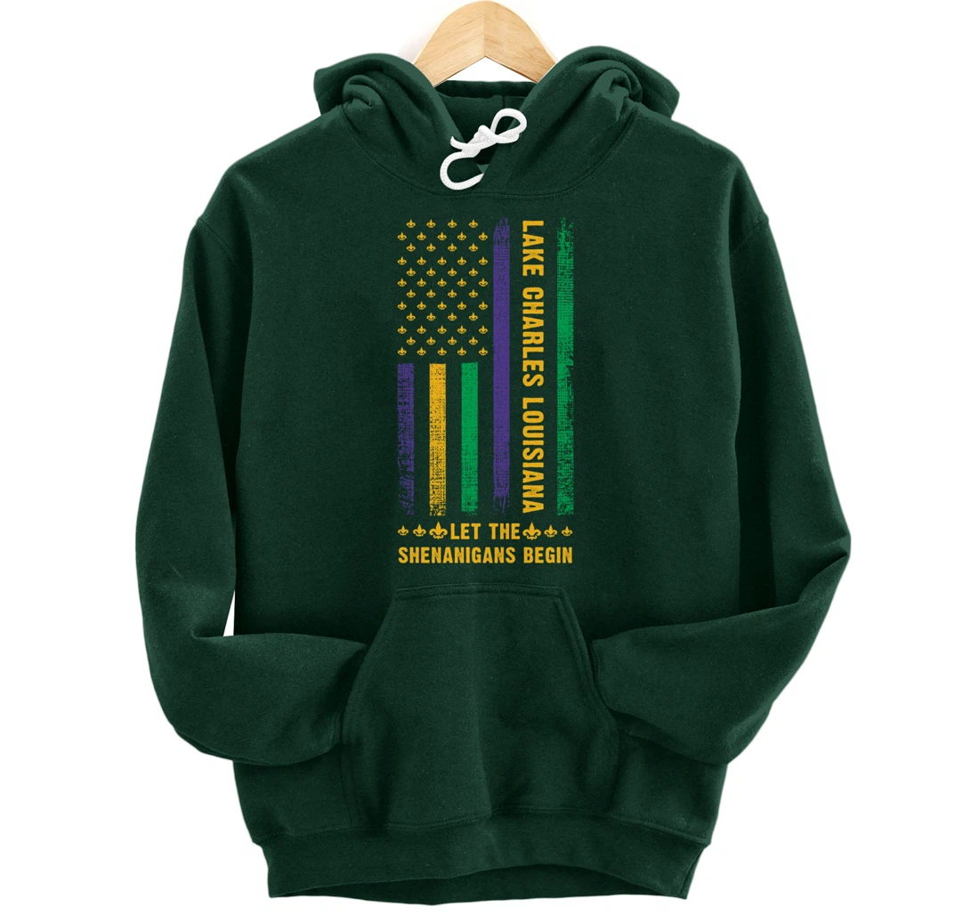 Mardi Gras Lake Charles Louisiana Fleur-De-Lis American Flag Pullover Hoodie