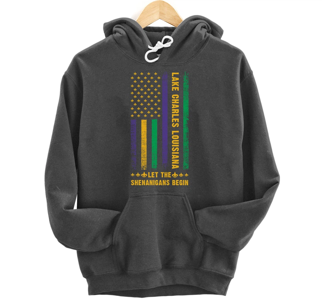 Mardi Gras Lake Charles Louisiana Fleur-De-Lis American Flag Pullover Hoodie