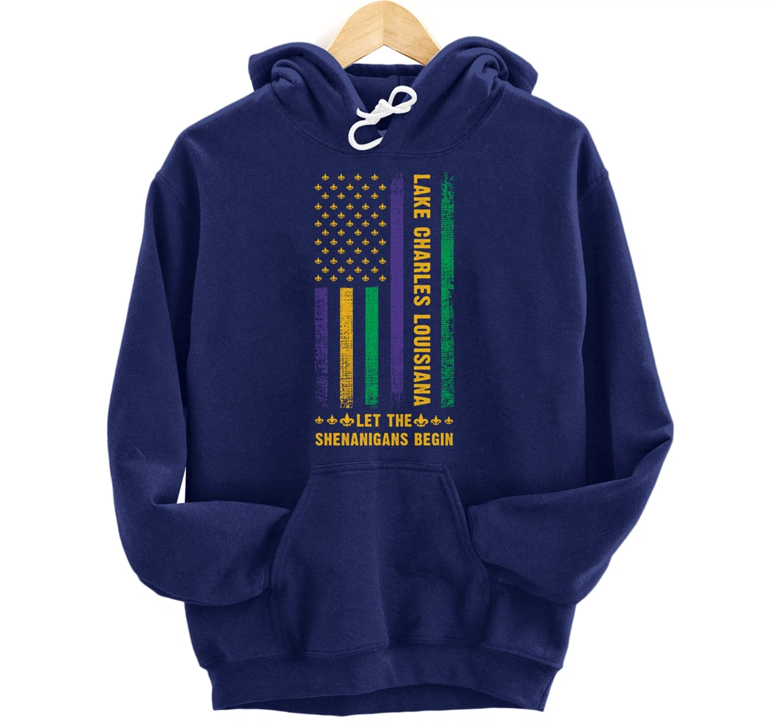 Mardi Gras Lake Charles Louisiana Fleur-De-Lis American Flag Pullover Hoodie