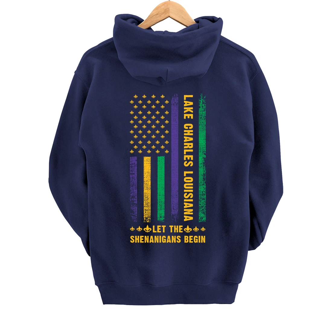 Mardi Gras Lake Charles Louisiana Fleur-De-Lis American Flag Pullover Hoodie