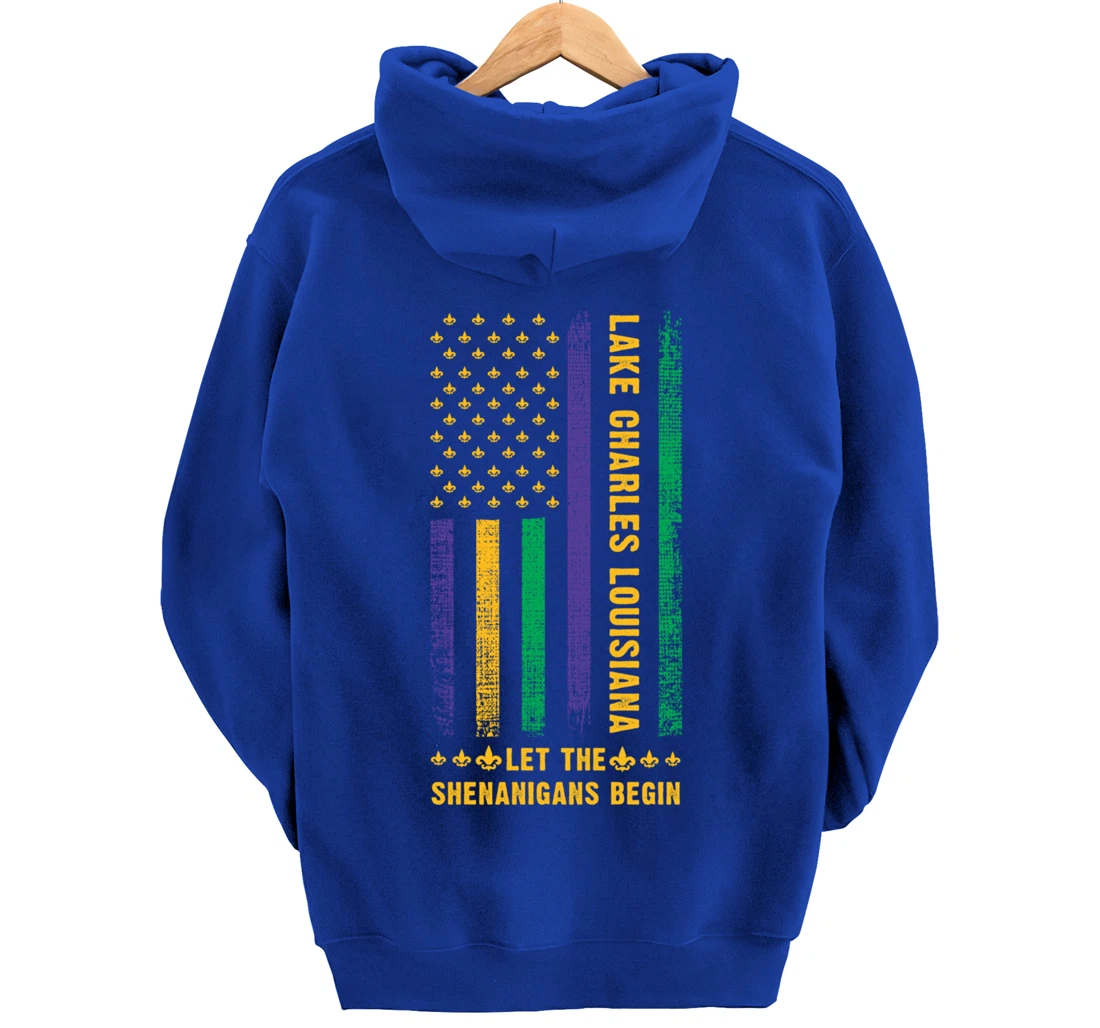 Mardi Gras Lake Charles Louisiana Fleur-De-Lis American Flag Pullover Hoodie