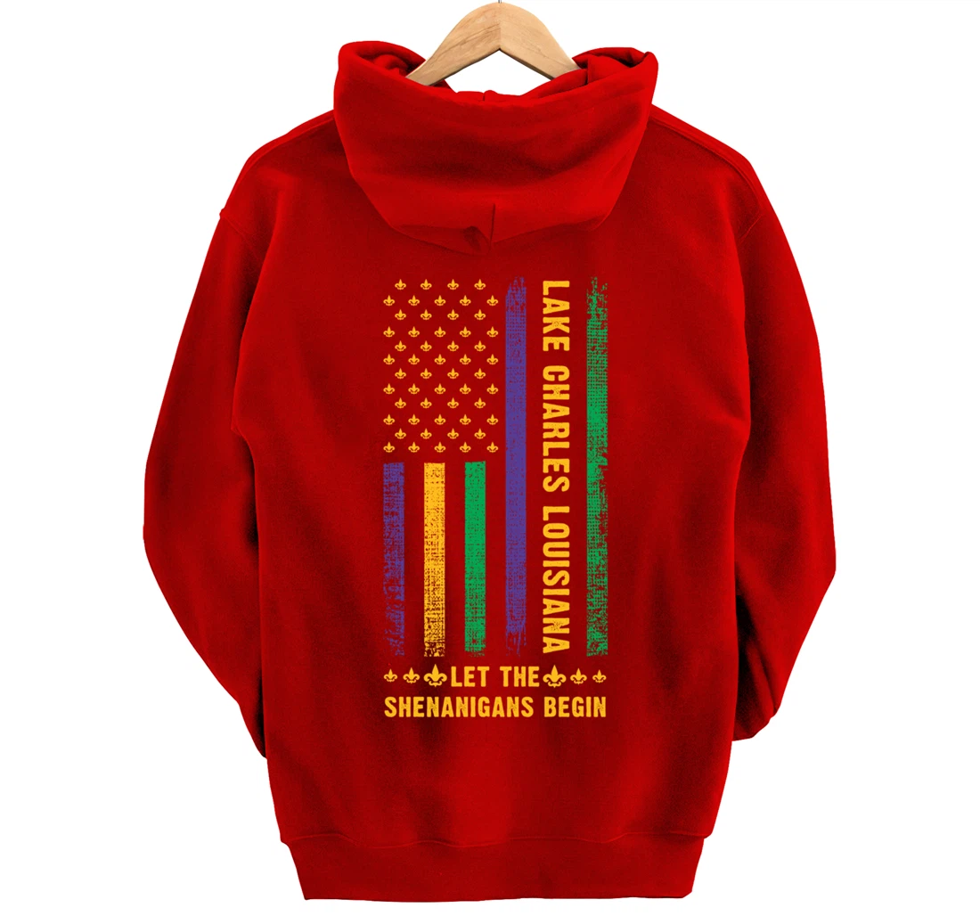 Mardi Gras Lake Charles Louisiana Fleur-De-Lis American Flag Pullover Hoodie