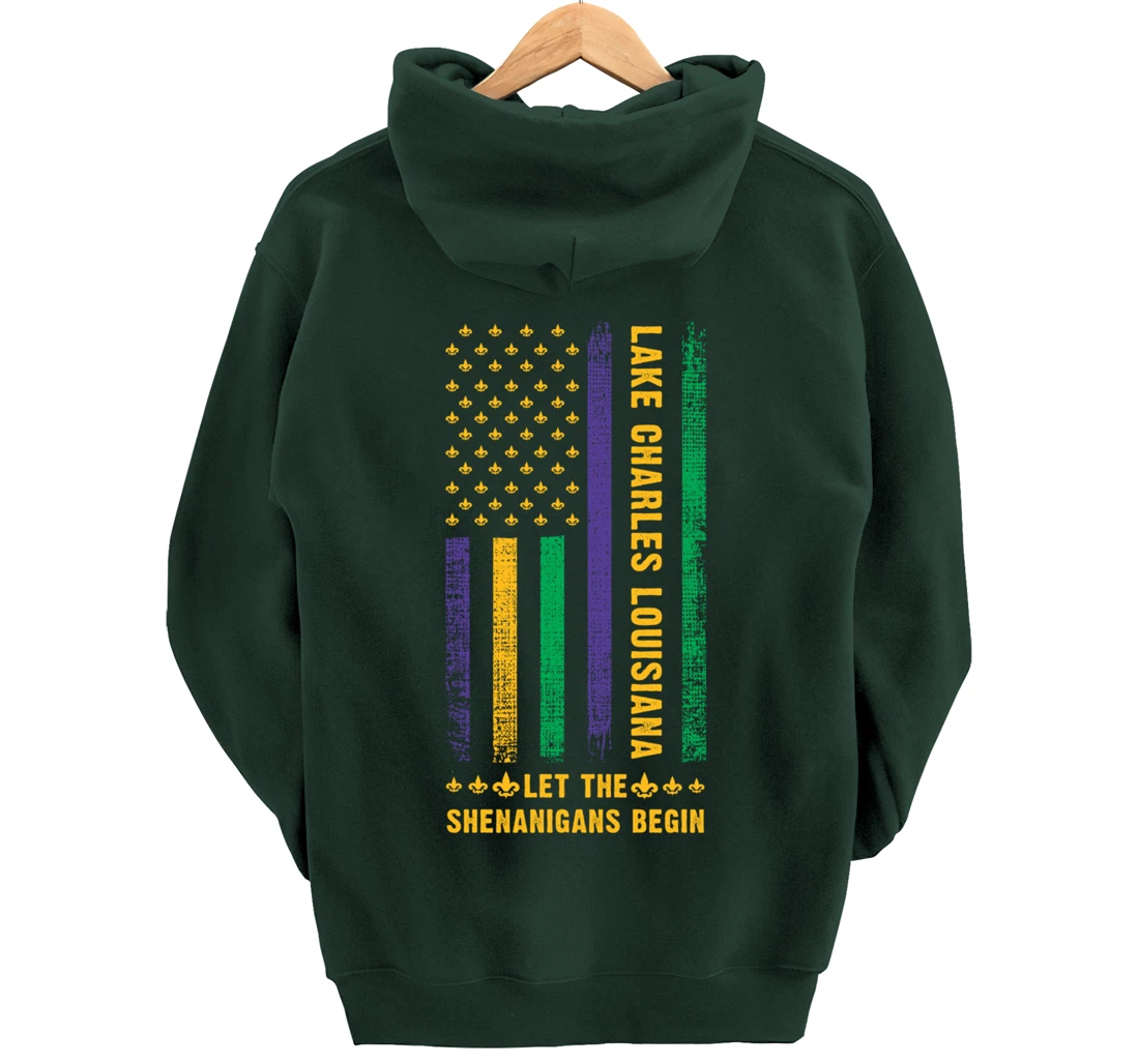 Mardi Gras Lake Charles Louisiana Fleur-De-Lis American Flag Pullover Hoodie