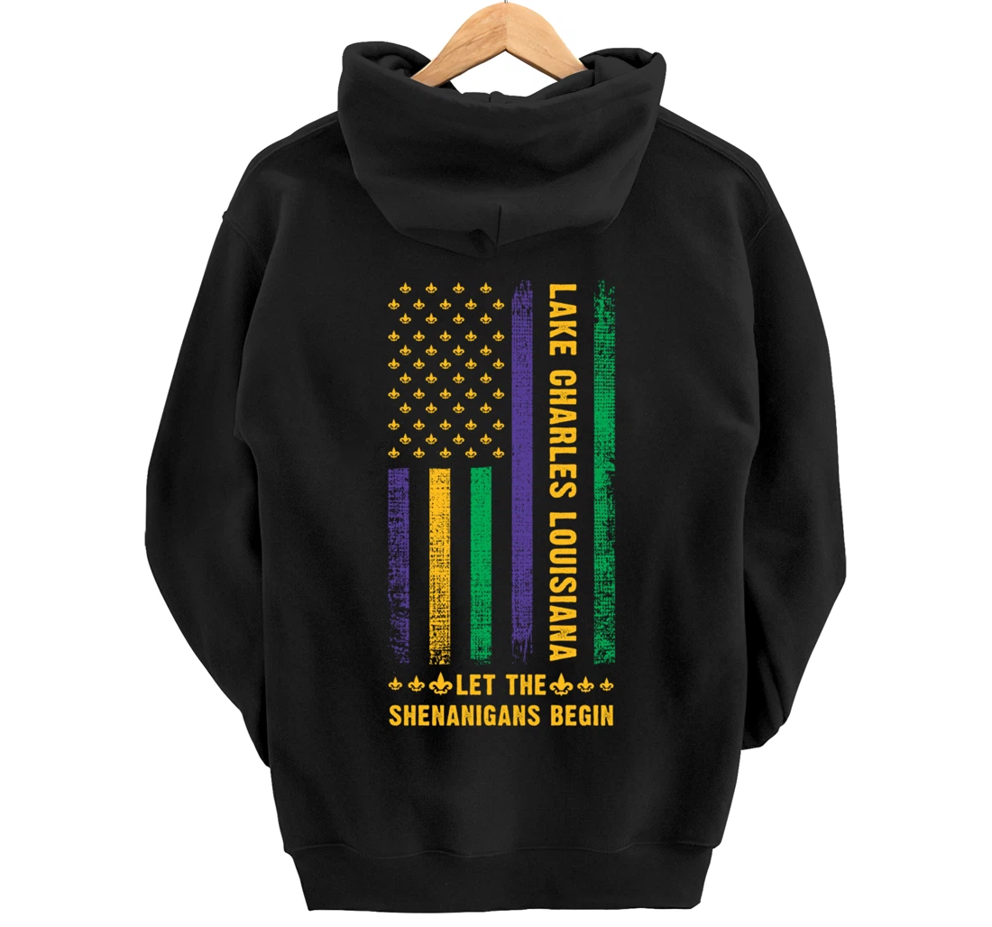 Mardi Gras Lake Charles Louisiana Fleur-De-Lis American Flag Pullover Hoodie