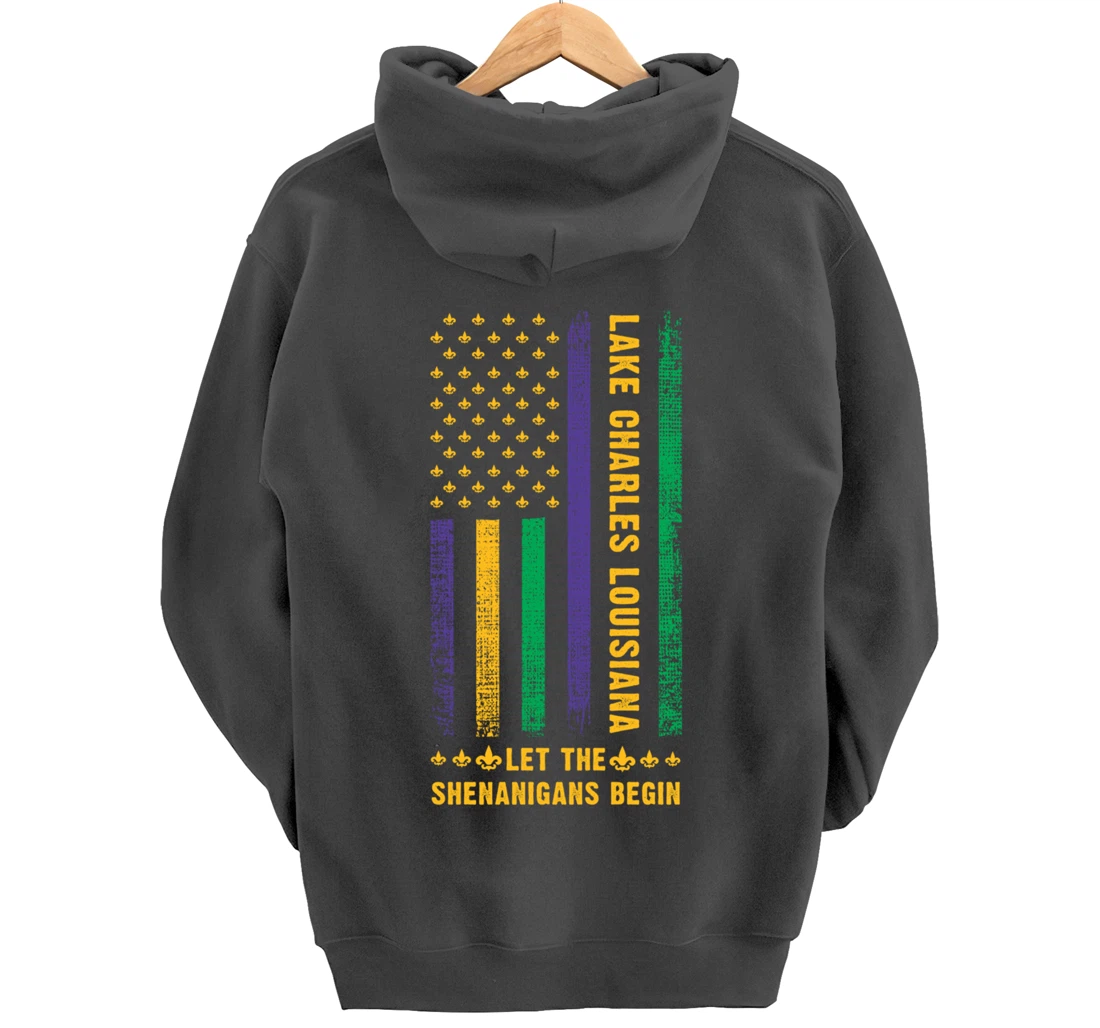 Mardi Gras Lake Charles Louisiana Fleur-De-Lis American Flag Pullover Hoodie