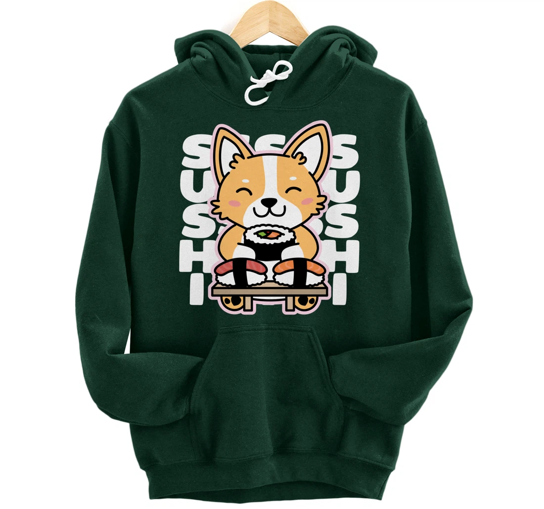 Kawaii Sushi Cute Anime Dog Corgi Japanese Food Nigiri Dark Pullover Hoodie