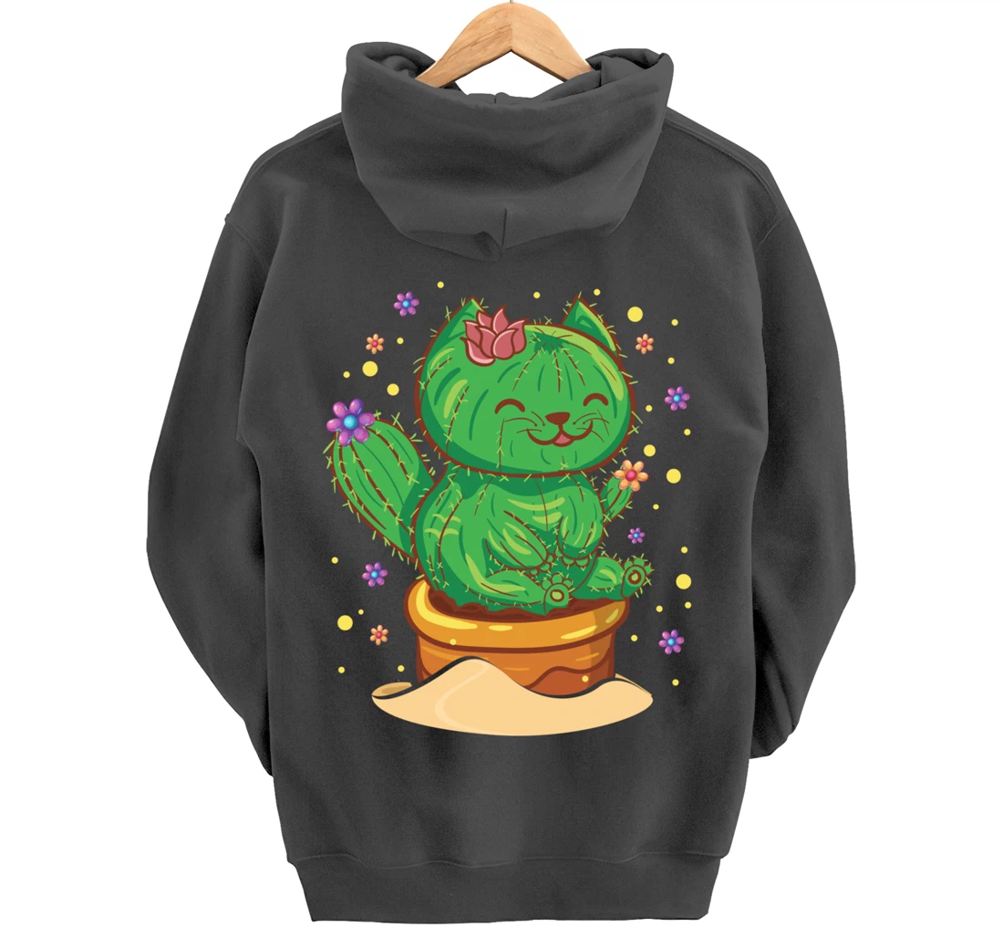 Succulent Cat Sitting In Flower Cactus Pot Flowers Cat Pullover Hoodie