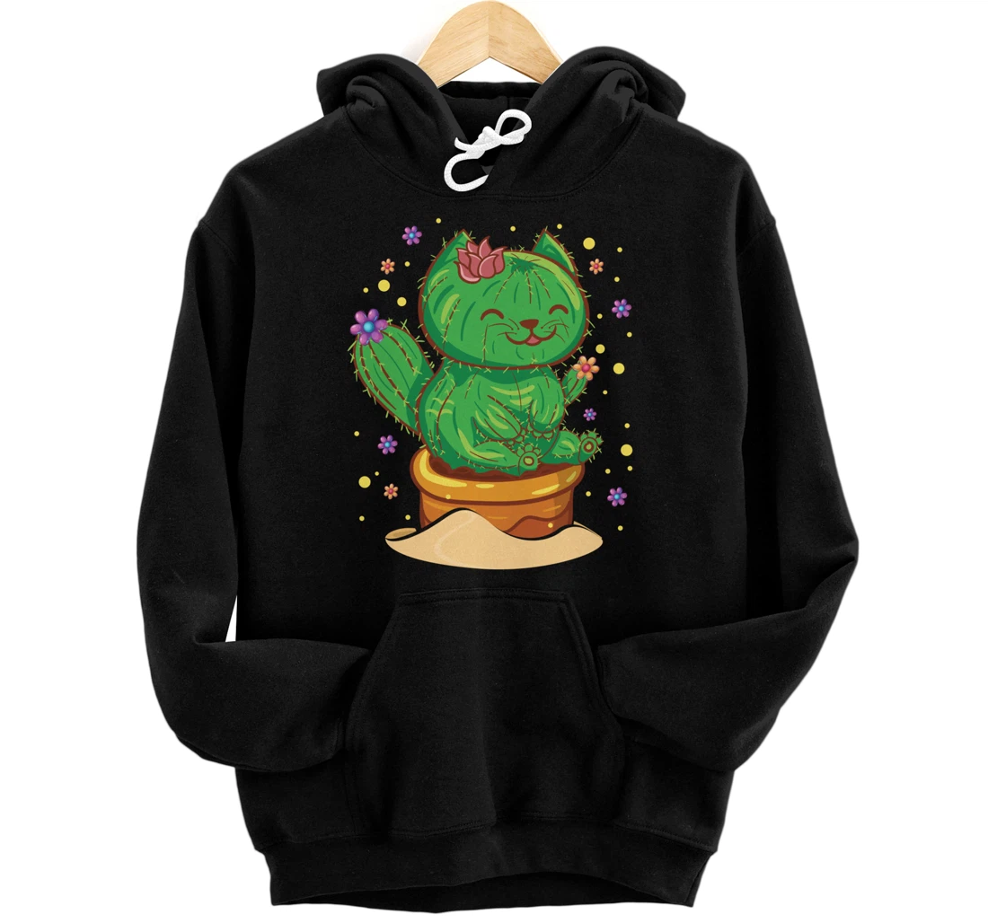 Succulent Cat Sitting In Flower Cactus Pot Flowers Cat Pullover Hoodie