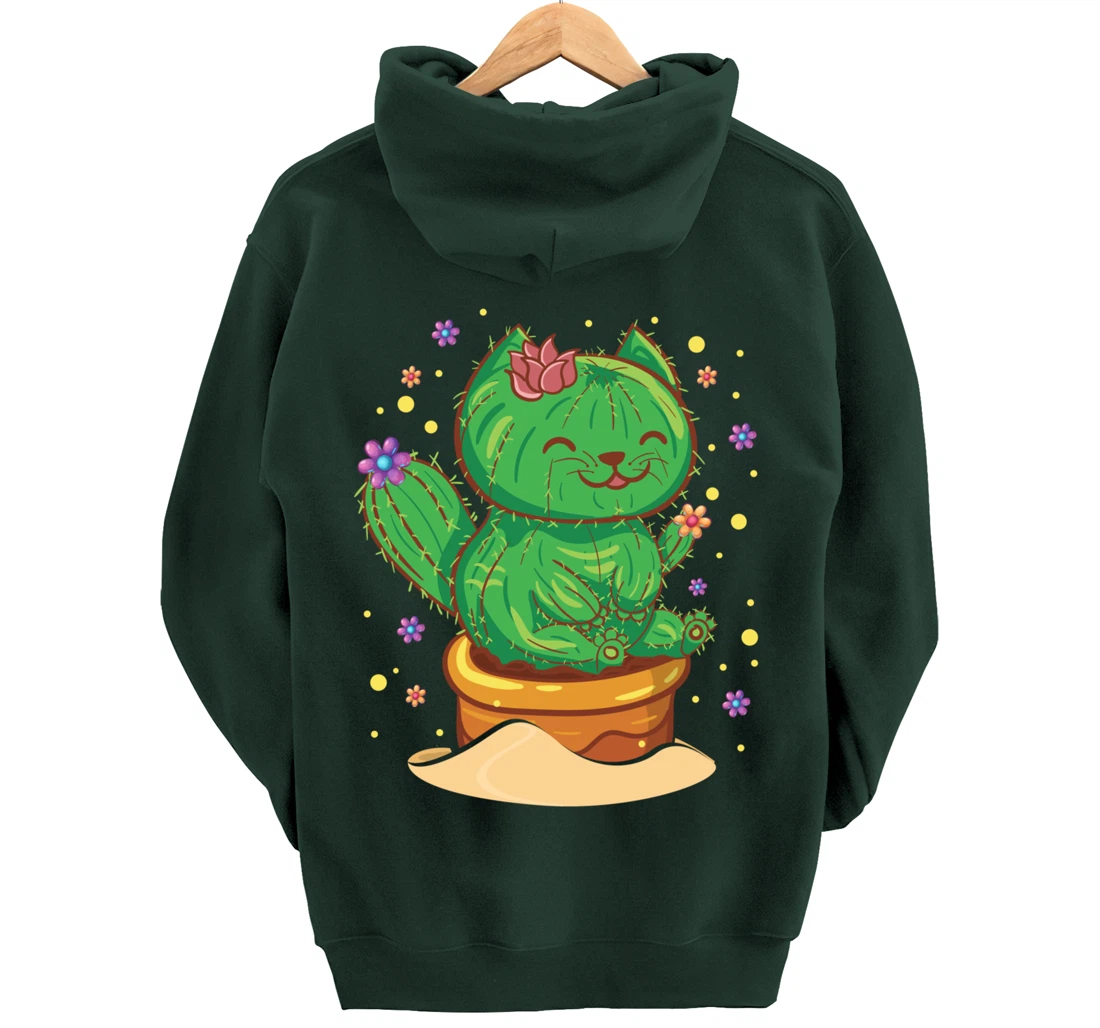 Succulent Cat Sitting In Flower Cactus Pot Flowers Cat Pullover Hoodie
