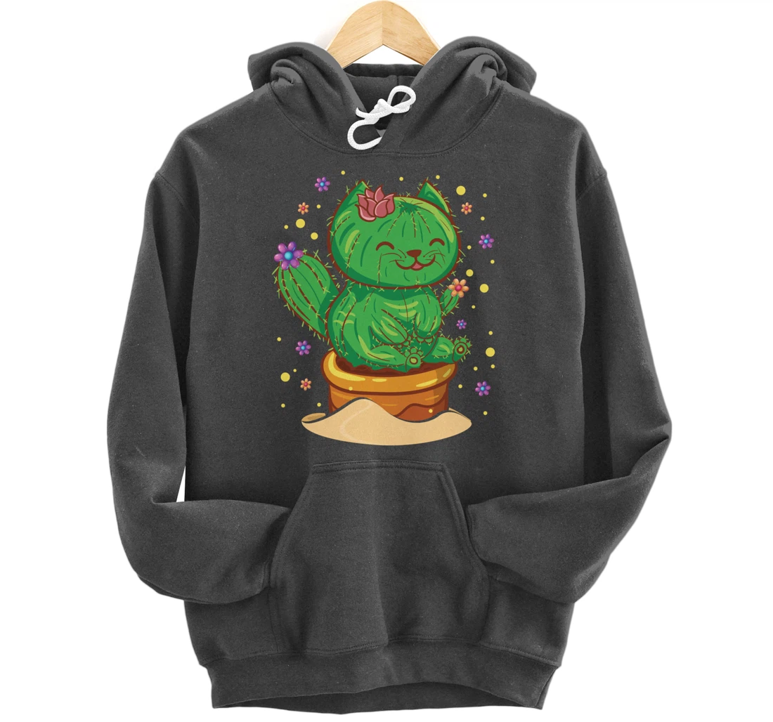 Succulent Cat Sitting In Flower Cactus Pot Flowers Cat Pullover Hoodie