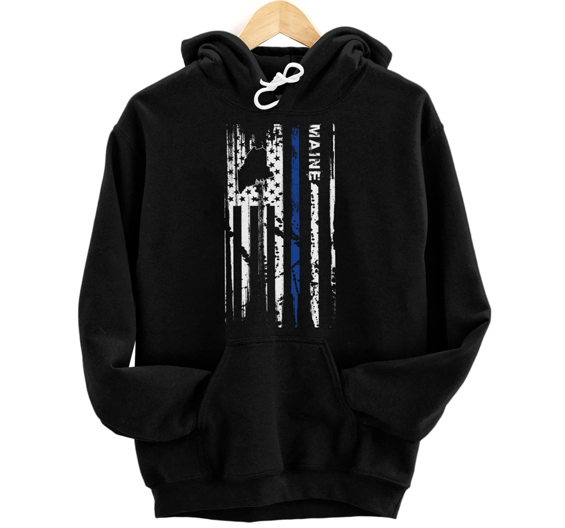 Maine Cop Thin Blue Line LEO Police American Flag Pullover Hoodie