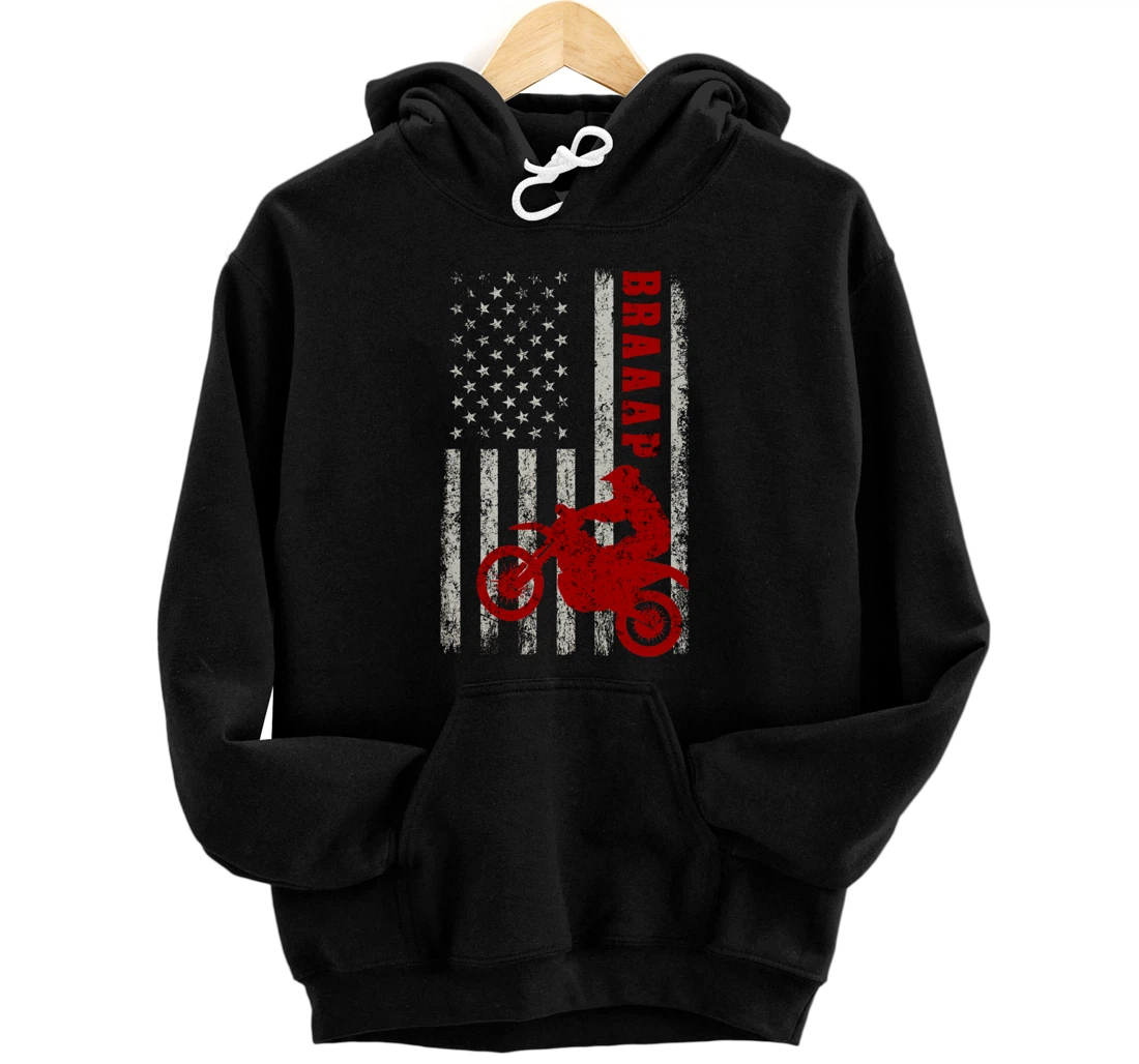 Braaap Vintage USA American Flag Dirt Bike Rider Motocross Pullover Hoodie