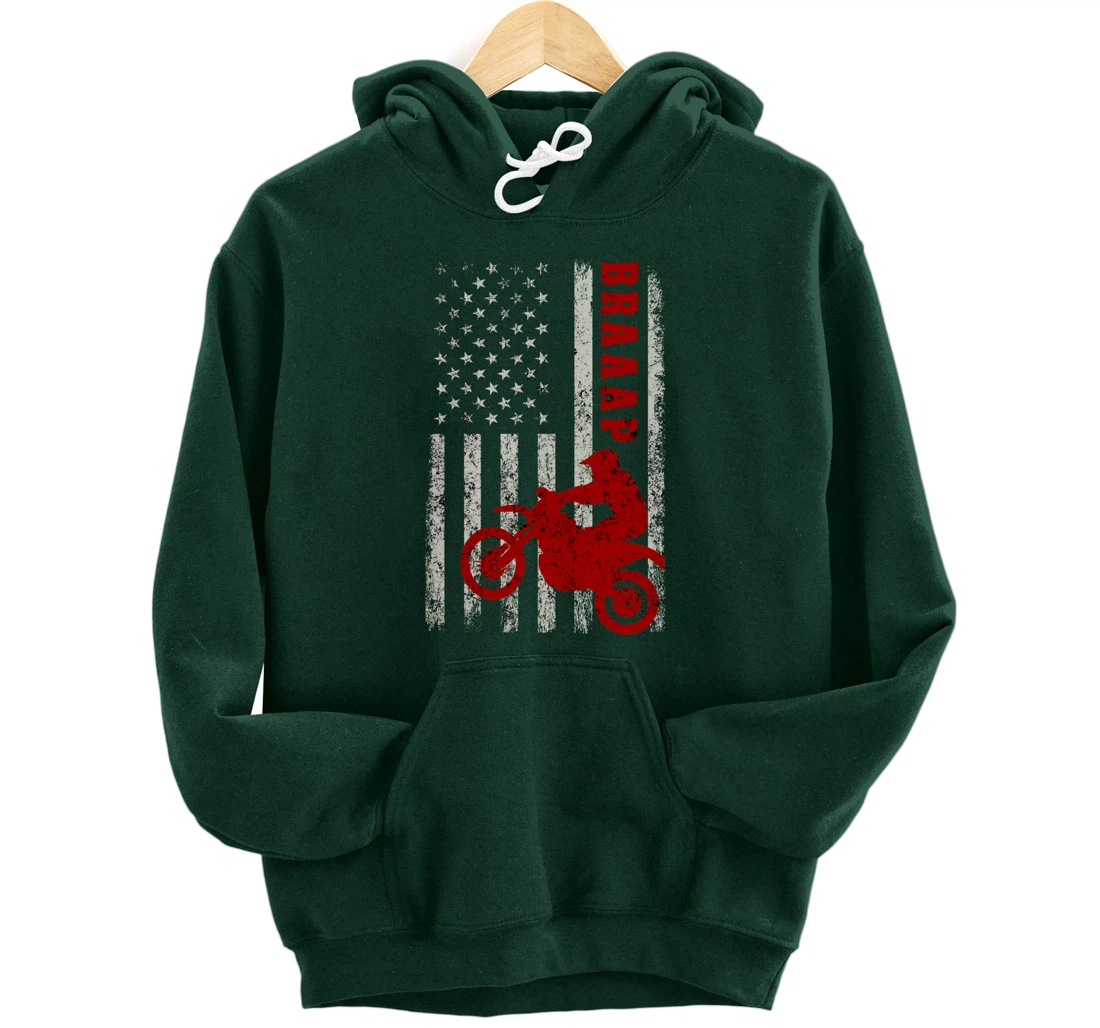 Braaap Vintage USA American Flag Dirt Bike Rider Motocross Pullover Hoodie