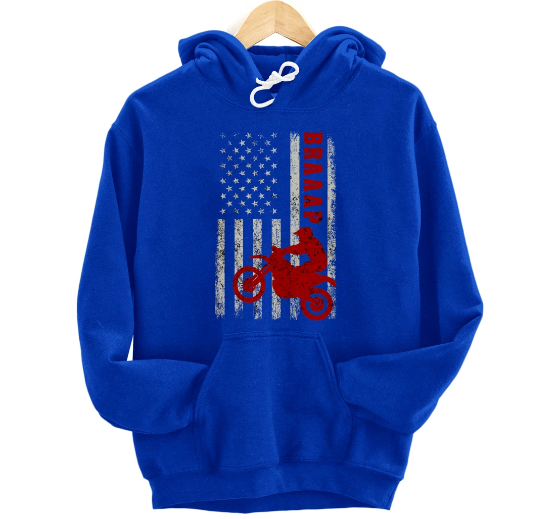 Braaap Vintage USA American Flag Dirt Bike Rider Motocross Pullover Hoodie
