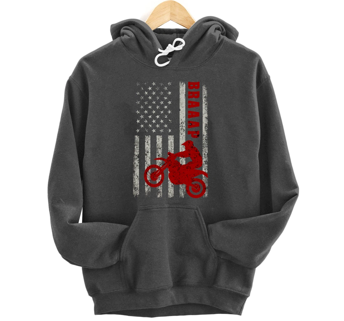 Braaap Vintage USA American Flag Dirt Bike Rider Motocross Pullover Hoodie