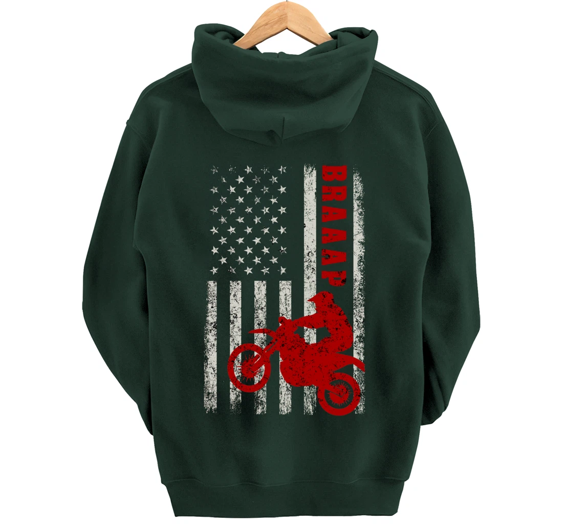 Braaap Vintage USA American Flag Dirt Bike Rider Motocross Pullover Hoodie