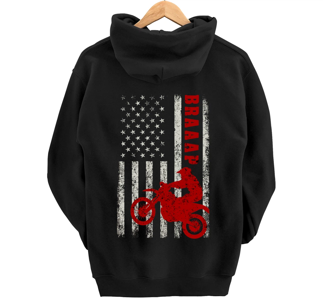 Braaap Vintage USA American Flag Dirt Bike Rider Motocross Pullover Hoodie