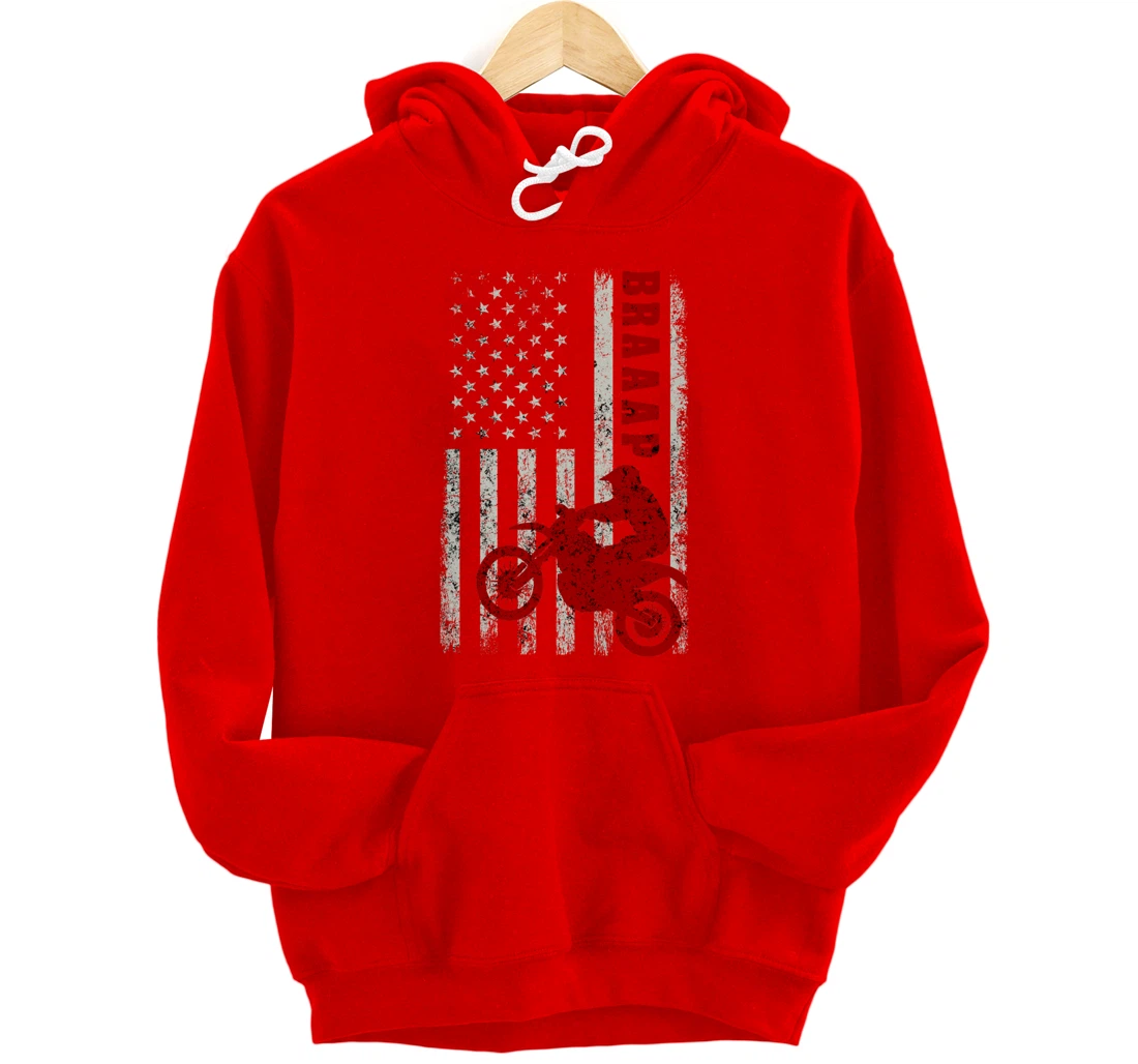 Braaap Vintage USA American Flag Dirt Bike Rider Motocross Pullover Hoodie