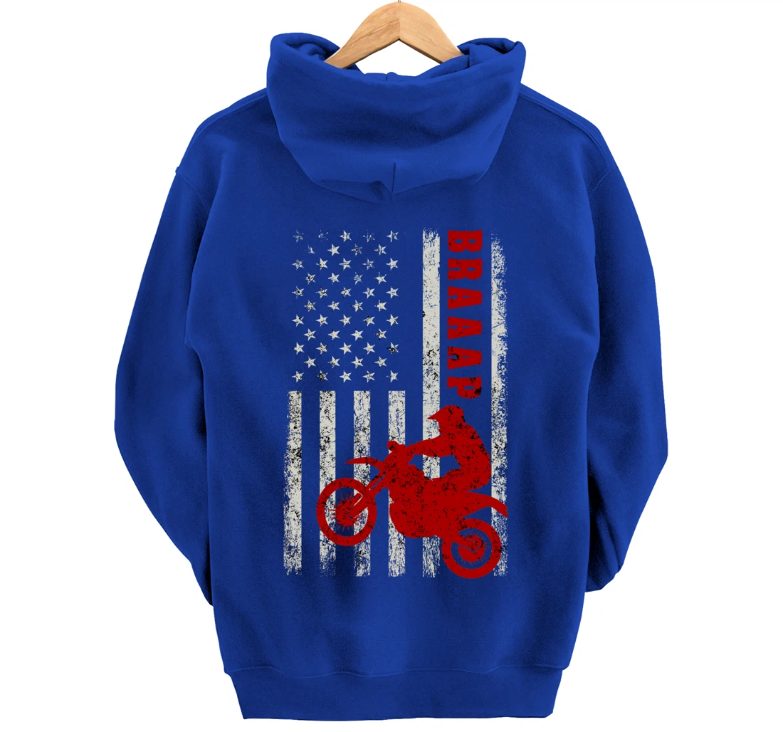 Braaap Vintage USA American Flag Dirt Bike Rider Motocross Pullover Hoodie