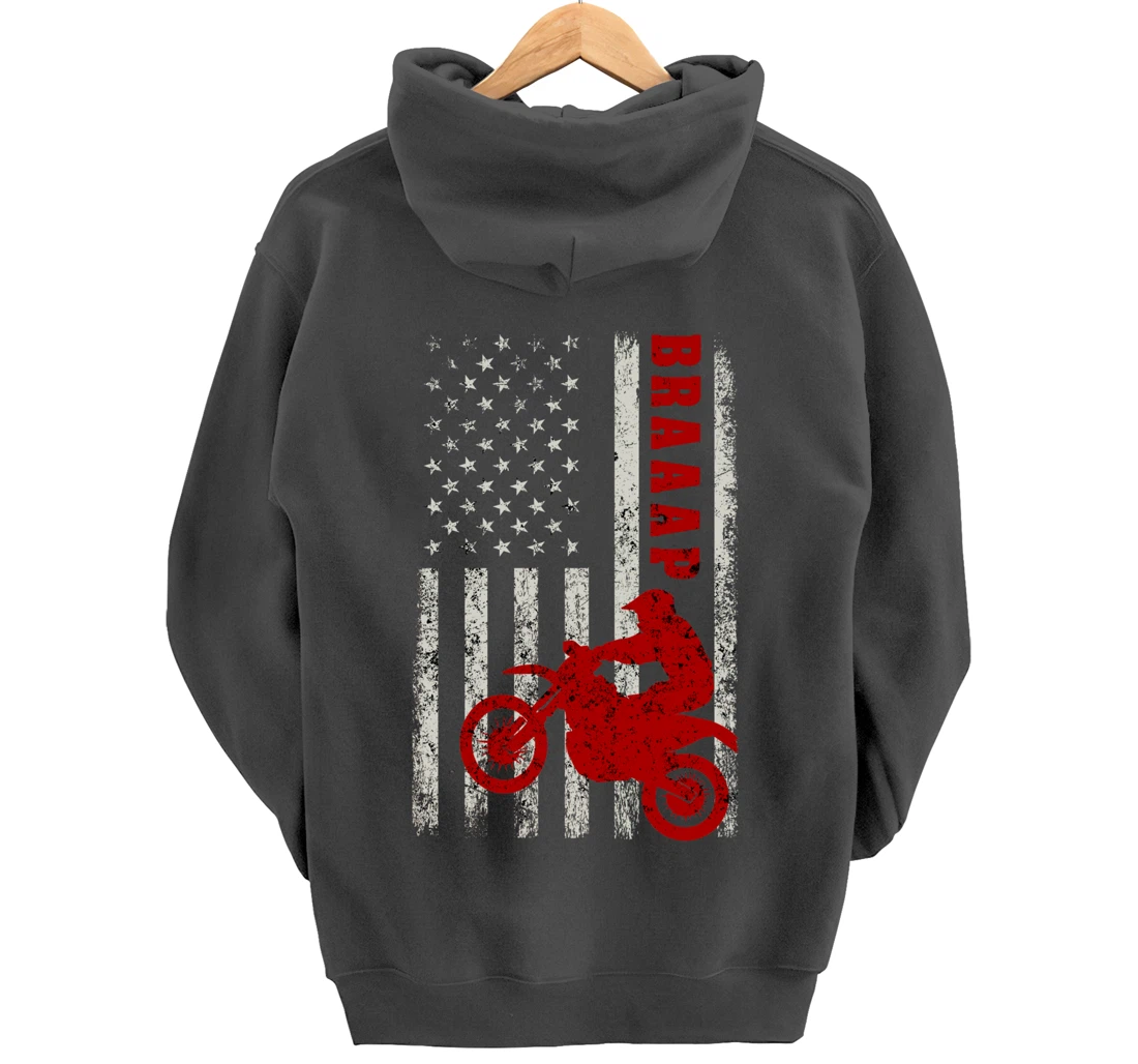 Braaap Vintage USA American Flag Dirt Bike Rider Motocross Pullover Hoodie
